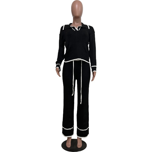 Casual knitted wide leg pants set