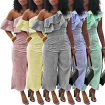 Classic striped diagonal shoulder women's casual jumpsuit