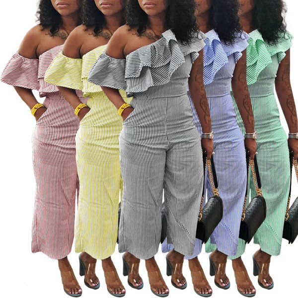 Classic striped diagonal shoulder women's casual jumpsuit