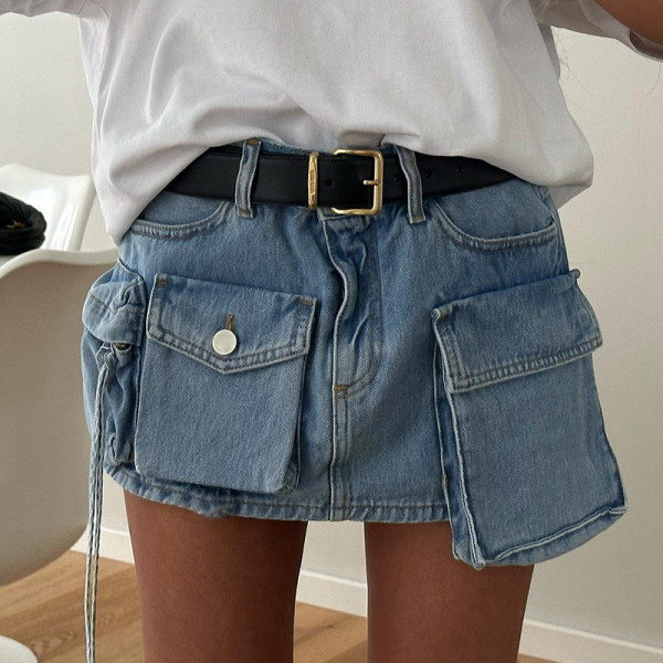 Tie-dyed and worn irregular pocket patchwork denim skirt