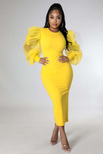 Women's Fashion Mesh Bubble Sleeves Elegant Slim Fit Sexy Dress