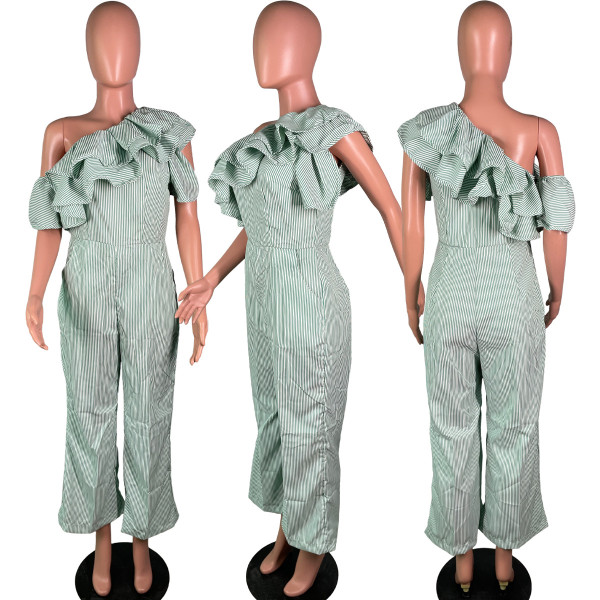Classic striped diagonal shoulder women's casual jumpsuit