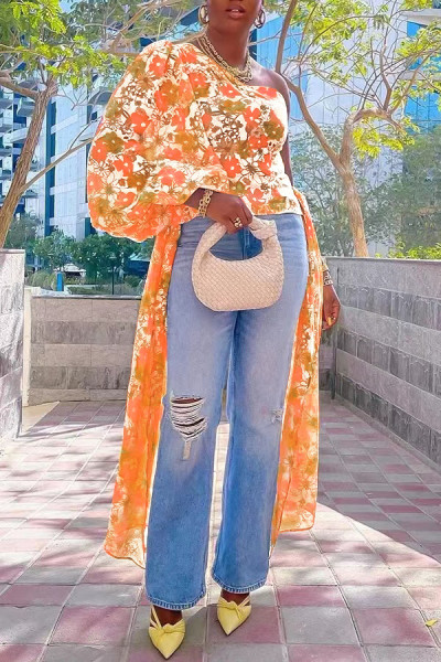 Sexy digital printed single sided sleeve flare sleeve top
