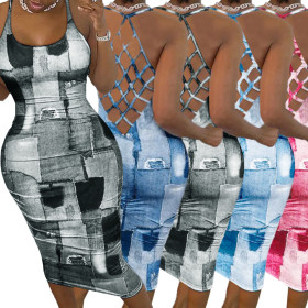 Imitation denim printed dress