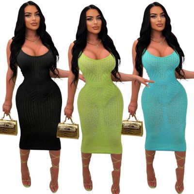 Slim fitting and hollow out sexy knitted dress with straps