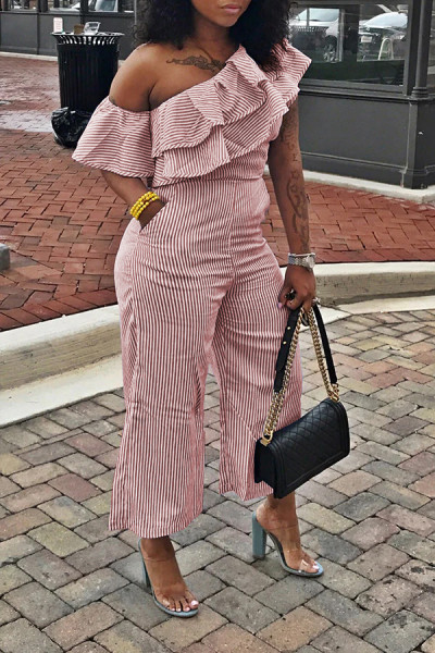 Classic striped diagonal shoulder women's casual jumpsuit