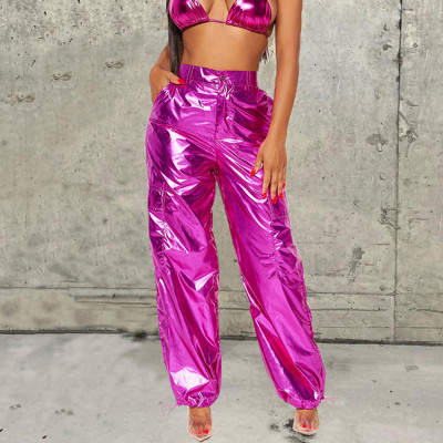 Bright elastic leather zippered leggings for casual wear