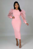 Women's Fashion Mesh Bubble Sleeves Elegant Slim Fit Sexy Dress