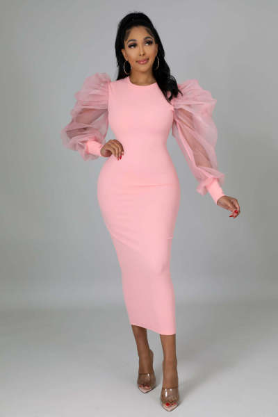 Women's Fashion Mesh Bubble Sleeves Elegant Slim Fit Sexy Dress