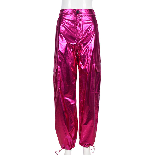Bright elastic leather zippered leggings for casual wear