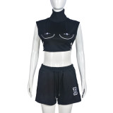 Sleeveless top with exposed navel embroidered letter shorts set