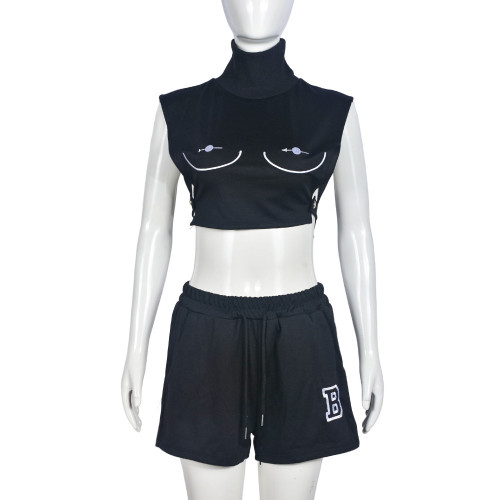 Sleeveless top with exposed navel embroidered letter shorts set