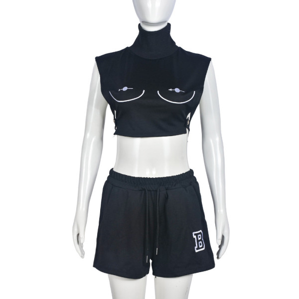 Sleeveless top with exposed navel embroidered letter shorts set