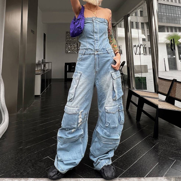 Bra tight waist multi pocket denim work suit jumpsuit