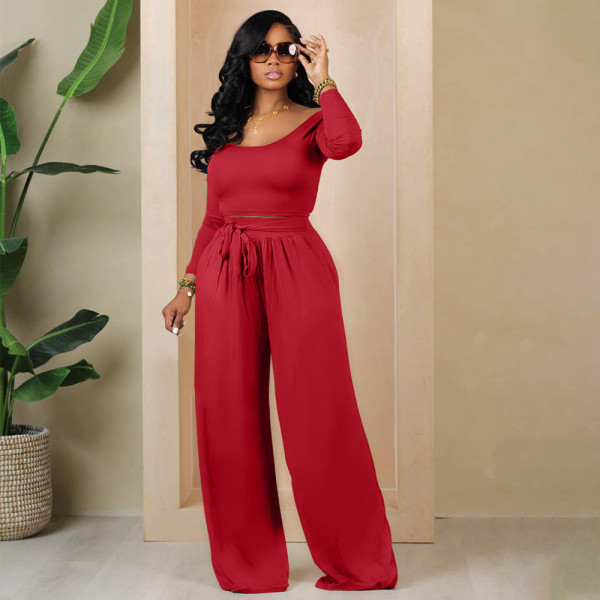 Women's solid color knitted lace up wide leg women's two-piece set