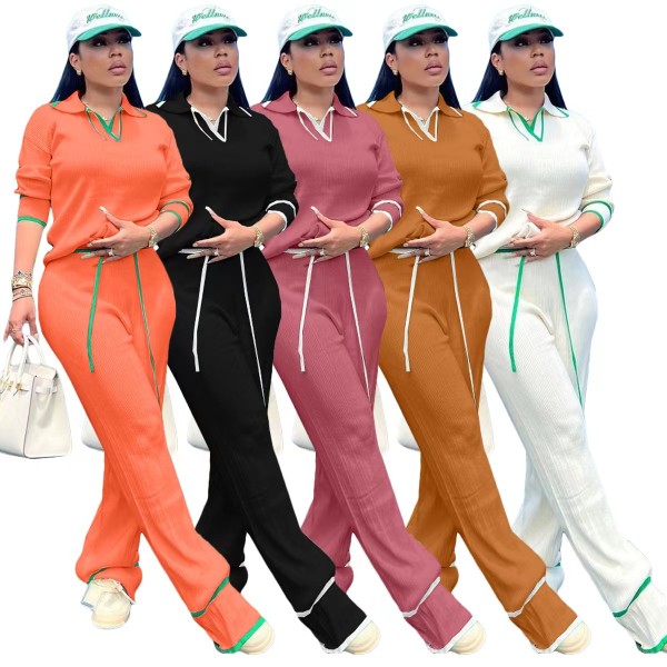 Casual knitted wide leg pants set