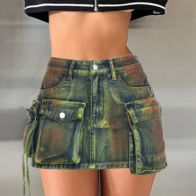 Tie-dyed and worn irregular pocket patchwork denim skirt