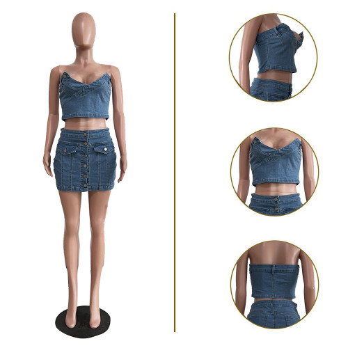 Women's casual washed denim short skirt set