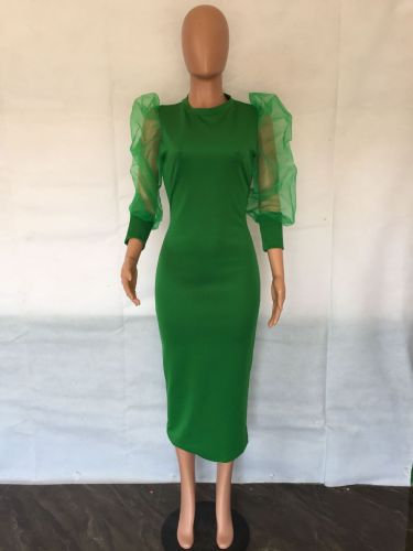 Women's Fashion Mesh Bubble Sleeves Elegant Slim Fit Sexy Dress