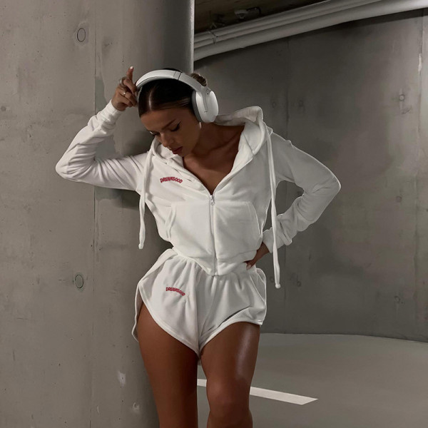 Women's embroidered sweater, hooded zippered cardigan top, elastic high waisted shorts, casual set