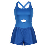 Women's short sleeved yoga shorts with hollowed out cross back vest jumpsuit