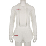 Women's embroidered sweater, hooded zippered cardigan top, elastic high waisted shorts, casual set