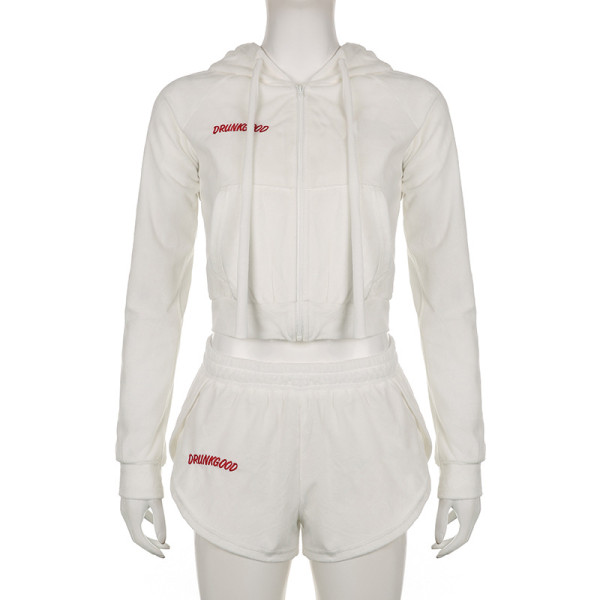 Women's embroidered sweater, hooded zippered cardigan top, elastic high waisted shorts, casual set