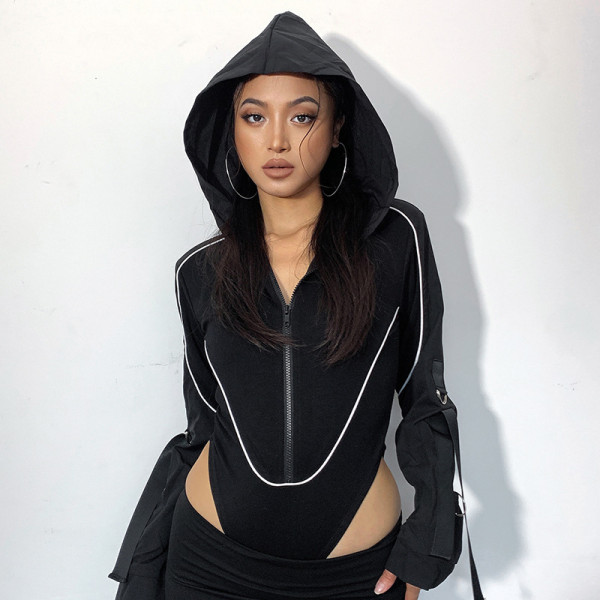 Zipper hooded long sleeved jumpsuit