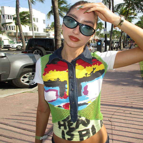 Printed grid patchwork T-shirt