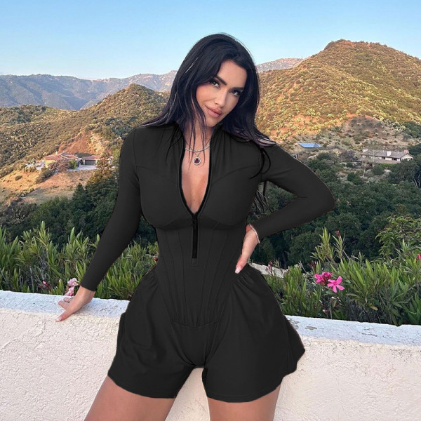 Zipper waist jumpsuit wide leg jumpsuit shorts
