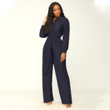 100 pleated lapel long sleeved wide leg jumpsuit