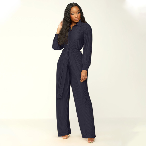 100 pleated lapel long sleeved wide leg jumpsuit