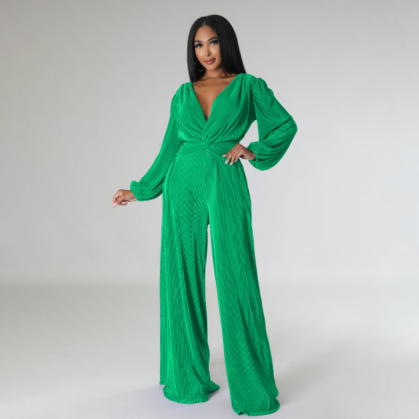 V-neck pleated fabric long sleeved waist wide leg pants jumpsuit