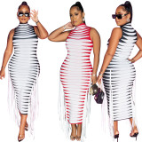 Half High Collar Rib Printed Ribbon Sleeveless Dress