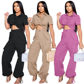 Short sleeved shirt, work bag, long pants, casual two-piece set