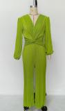 V-neck pleated fabric long sleeved waist wide leg pants jumpsuit