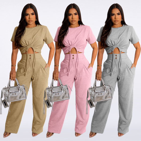 Thickened cotton short sleeved pleated T-shirt loose wide leg pants two-piece set