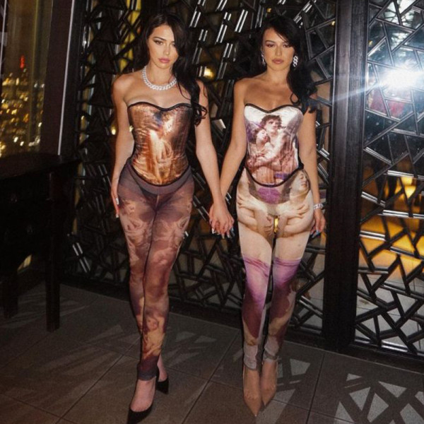 Printed bra, imitation waist seal, hollowed out backless strapping jumpsuit, tight leggings