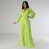 V-neck pleated fabric long sleeved waist wide leg pants jumpsuit
