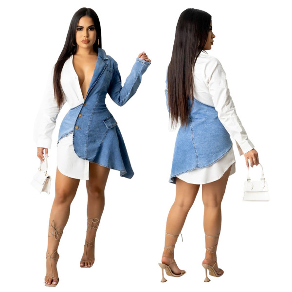 Irregular skirt V-neck sexy short skirt long sleeved denim dress