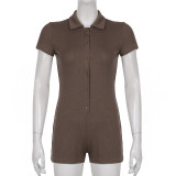 Solid color lapel breasted ribbed tight casual jumpsuit