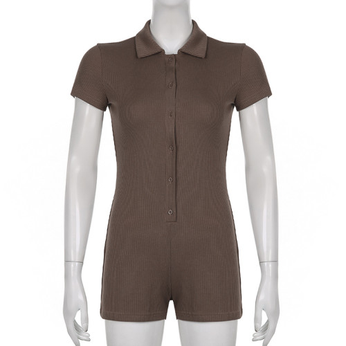 Solid color lapel breasted ribbed tight casual jumpsuit