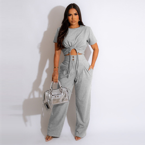 Thickened cotton short sleeved pleated T-shirt loose wide leg pants two-piece set