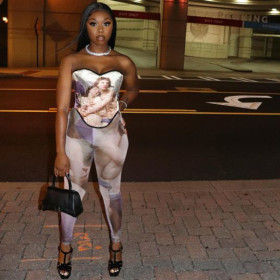 Printed bra, imitation waist seal, hollowed out backless strapping jumpsuit, tight leggings