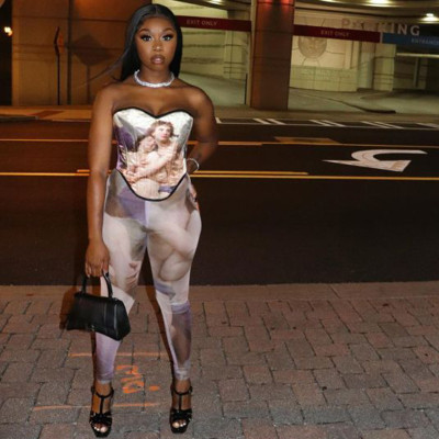 Printed bra, imitation waist seal, hollowed out backless strapping jumpsuit, tight leggings