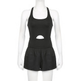 Women's short sleeved yoga shorts with hollowed out cross back vest jumpsuit