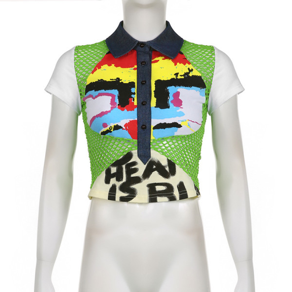 Printed grid patchwork T-shirt