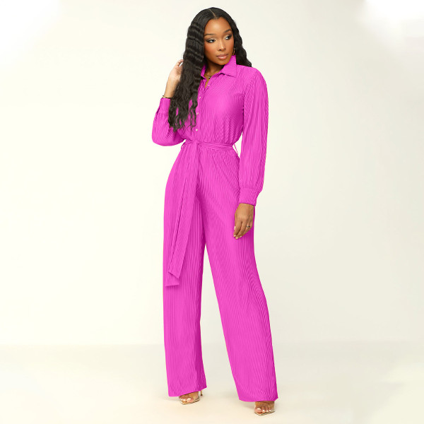 100 pleated lapel long sleeved wide leg jumpsuit