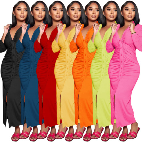 Pleated Solid Color Long Dress