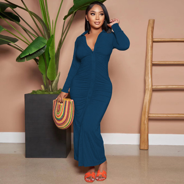 Pleated Solid Color Long Dress